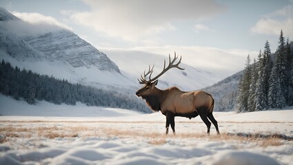 A majestic elk gracefully walking through  a winter