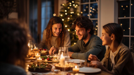 Family having Christmas dinner at home gathered together. holidays, celebration and people concept - happy smiling friends having christmas dinner at home in evening