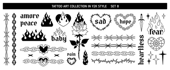 Y2k Tattoo Art design in 2000s style set 8. Y2k Line art tattoo stickers. Fire, Heart chain, Rose, Heart fire, Flame. Barbed wire and chain fram tattoo frame elements . Vector tattoo prints dsgn 