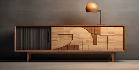 Wooden cabinet in a minimalist living room composition