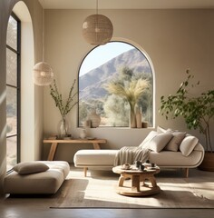 Arched window and mirror in luxurious villa and renovated home. Interior design with creamy colors and mirrors