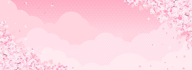 満開の桜とピンク色の雲・空　背景素材（バナー向け横長）
