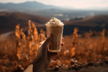 a hand holds up a cup of iced milk coffee in the autumn