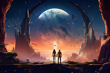 Fantasy landscape with an alien planet and a pair of lovers,Ancient temple, moon and stars,Man and a woman on the background of the planet, Digital vector painting. - obrazy, fototapety, plakaty