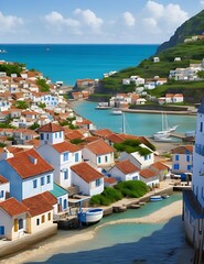 Describe an idyllic coastal village with white-washed buildings and fishing boats.
