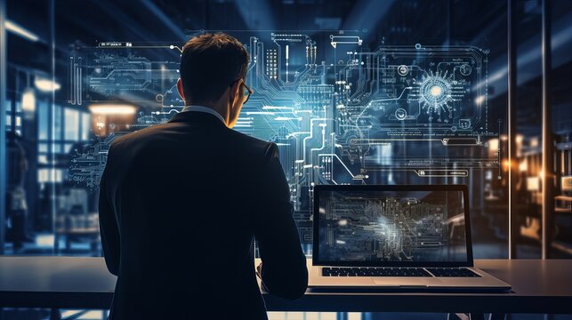 skilled engineer operating automated machine with programmable logic controller