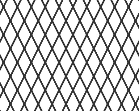 Diagonal cross line grid seamless pattern. Geometric diamond texture. Black diagonal line mesh on white background. Minimal quilted fabric. Metallic wires fence pattern. Vector illustration.
