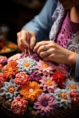 Crocheters hands holding a work in progress granny square, Generative AI