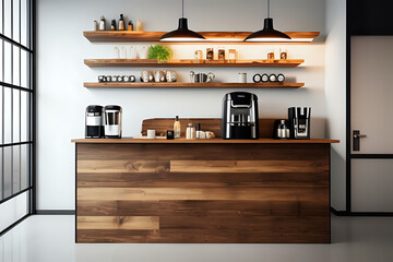 Empty mockup space for product display on wooden counter bar with coffee maker and mug tray in modern loft kitchen or snack bar interior design. 3d render, 3d illustration. Template
