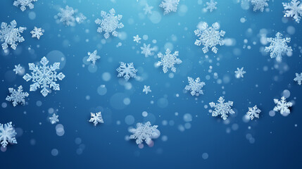 Falling snowflakes on light blue background with copy space