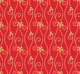 Japanese Curl Vine Circle Flower Vector Seamless Pattern