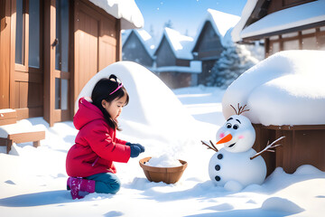asian little girl playing with snow, christmas season