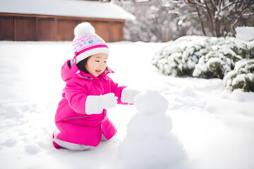 asian little girl playing with snow, christmas season