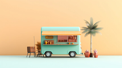 3d isolated illustration of coffee drink truck. street food truck with copy space on simple background.