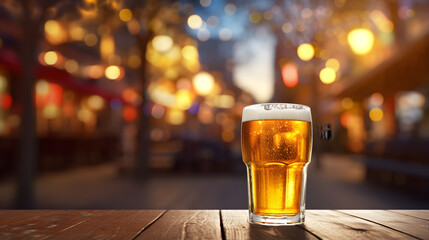 a glass of beer at an outdoor restaurant - obrazy, fototapety, plakaty