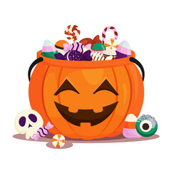 Halloween Pumpkin bucket of with candies. Spooky face Pumpkin Bag with lollipops, sweets, candy. Trick or treat Basket. Vector illustration isolated in Cartoon style