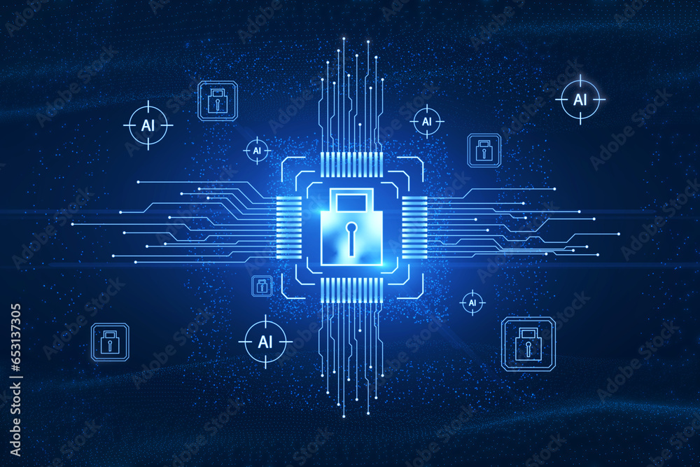 Aufkleber creative glowing padlock hologram on blurry background with various icons and circuit. safety, chip 