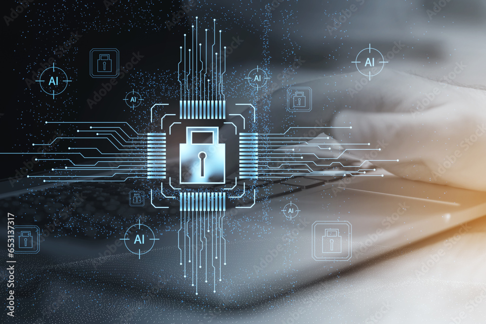 Poster closeup of laptop computer with creative glowing padlock hologram on blurry background with various 