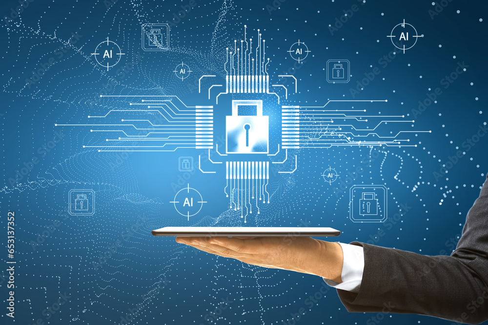 Poster close up of businessman hand holding cellphone with creative glowing padlock hologram on blurry blue
