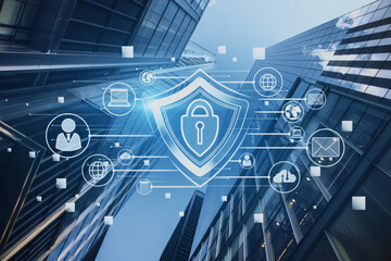 Creative glowing padlock hologram on blurry city background with various icons. Safety and security concept. Double exposure.
