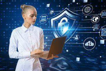 Attractive young european businesswoman using laptop with creative glowing padlock hologram on blurry background with various icons. Safety and security concept.