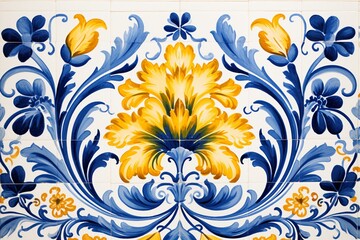 Traditional Portuguese mosaic with blue and yellow azulejos tiles. Watercolor artwork featuring antique ceramic, floral pattern panel. Generative AI - obrazy, fototapety, plakaty