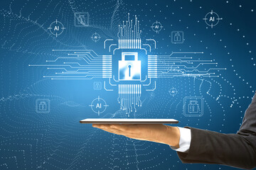 Close up of businessman hand holding cellphone with creative glowing padlock hologram on blurry blue background with various icons and circuit. Safety, chip and security concept.