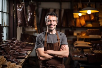 Portrait of a smiling male worker in apron standing with arms crossed in a shop