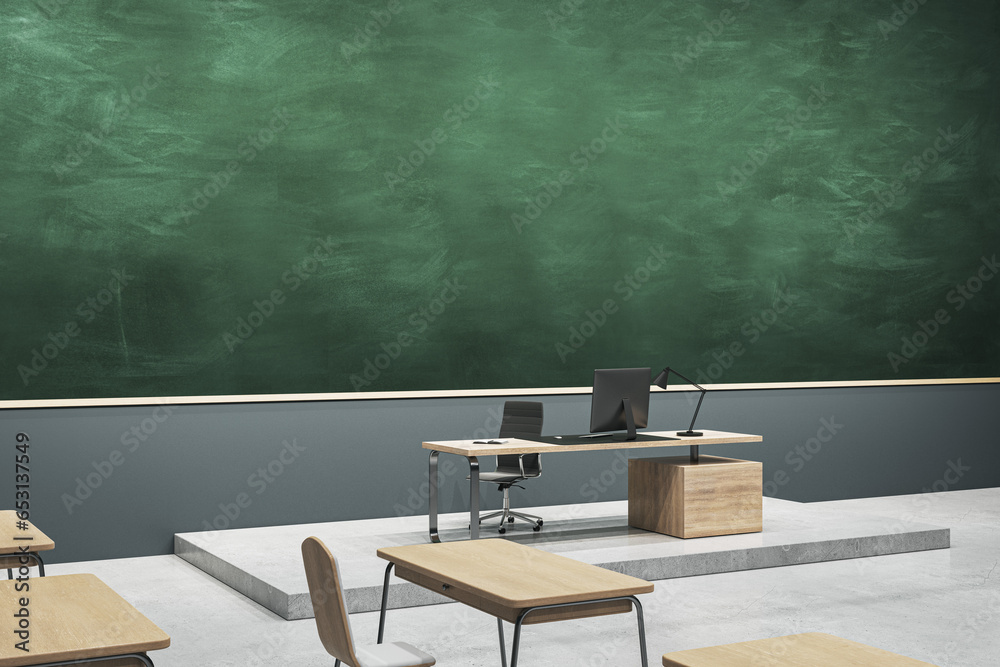 Poster clean classroom interior with empty chalkboard and mock up place, furniture and equipment. education