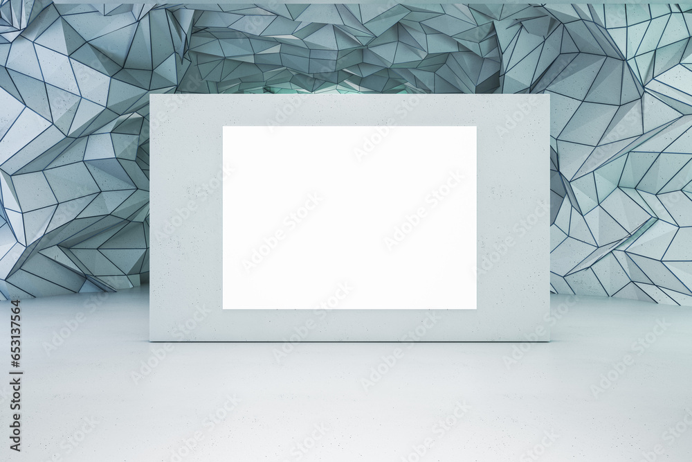 Poster modern abstract geometric crystal cave museum interior with mock up place on empty white poster. 3d 