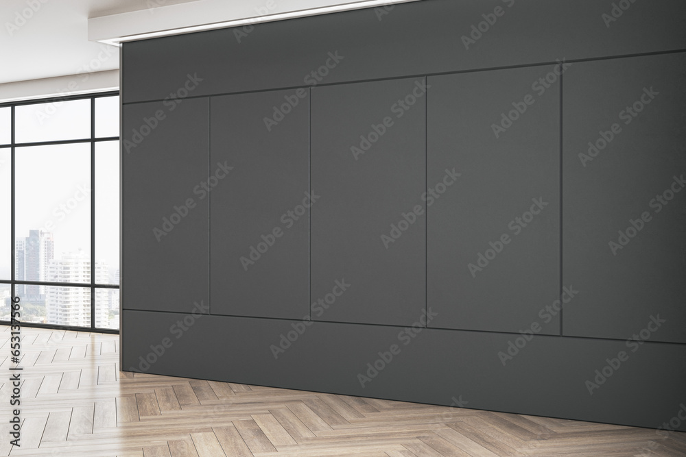 Aufkleber contemporary gallery interior with mock up place on black wall, wooden flooring with reflections and