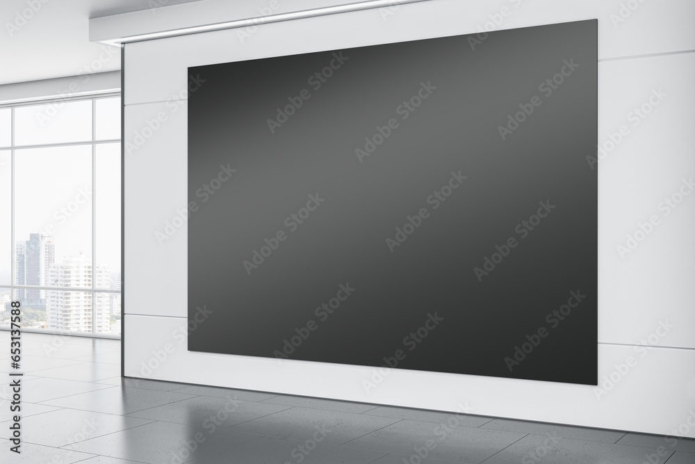 Poster Modern gallery interior with clean black mock up banner on white concrete wall, flooring with reflections and window with city view and daylight. 3D Rendering.
