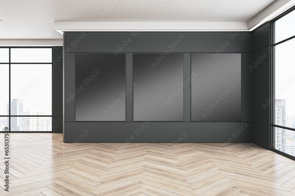 Poster Modern gallery interior with empty mock up posters on black wall, wooden flooring with reflections and window with city view and daylight. 3D Rendering.