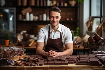 Portrait of a smiling male shop assistant in apron standing at the counter with chocolate bars