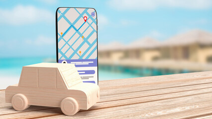 The wood car and mobile for navigator app concept 3d rendering