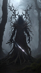 ancient forest, the ghost materializes between gnarled trees. Its scythe seems to cut through the very fabric of reality. Ai generative