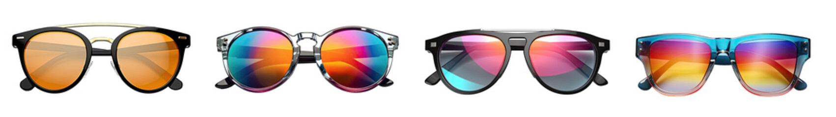 Set of colorful sunglasses with abstract gradient mesh glass mirrors, isolated on a transparent background. PNG, cutout, or clipping path