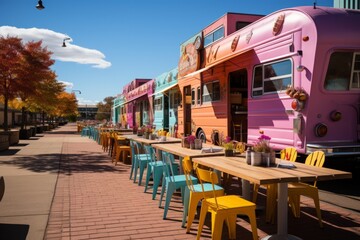  Highway rest area with colorful food trucks and picnic tables, Generative AI
