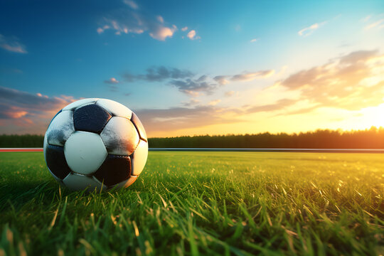 a soccer ball is floating on a green field during sunset