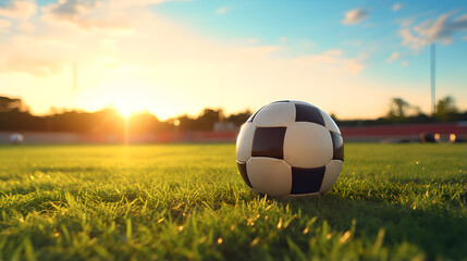 a soccer ball is floating on a green field during sunset - obrazy, fototapety, plakaty