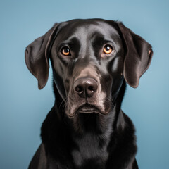 portrait studio d'une tête de chien de race labrador noir en gros plan, arrière plan uni bleu
