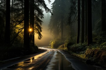 Obraz premium Highway through a foggy forest, creating a mysterious ambiance, Generative AI