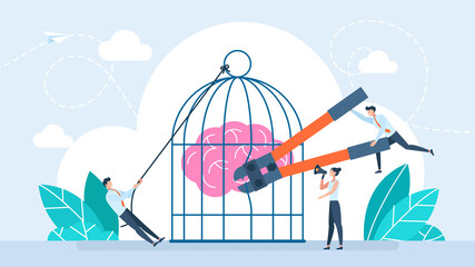 Limited thinking. Freeing the brain from captivity. Open your mind to new ideas and knowledge. Freeing brain from imprisonment. Opening creative mind. Unlock potential. Flat illustration