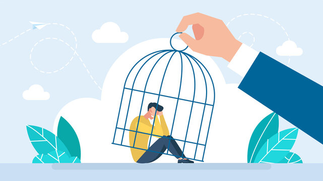 Sad man in the cage. Businessman abuse man, giant hand holding cage. Boy in depression sitting on the floor. Jail and prison. Flat style illustration.