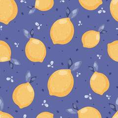Juicy lemon seamless vector pattern on dark background. Summer fruit background. Use for fabric, gift wrap, packaging. Vector illustration in flat cartoon style.