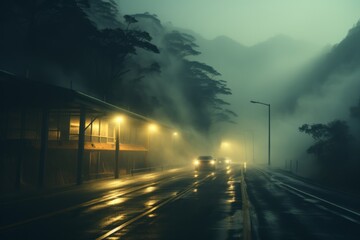 Highway vanishing into a dense fog, creating an ethereal atmosphere, Generative AI