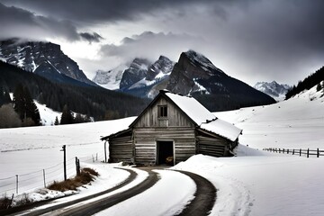 Winter scene in mountains. Old house and snow