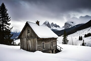 Winter scene in mountains. Old house and snow