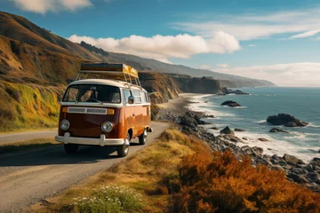 Foto op Plexiglas Vintage camper van parked by a scenic highway, Generative AI © Shooting Star Std