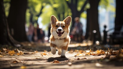 Happy corgi dog pembroke welsh corgi running outdoor in autumn park.